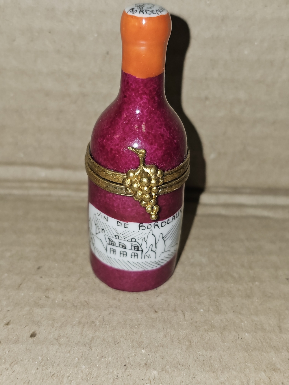 Limoges Magenta and Orange Wine Bottle Trinket Box with Gold Grape Clasp